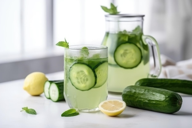 Bebida de água fresca closeup para desintoxicação com hortelã pepino e limão