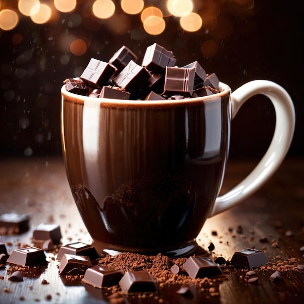 Bebida de cacau quente Taça com pedaços de chocolate