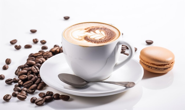 Bebida de café cappuccino com prato Xícara de café em fundo isolado generativo ai