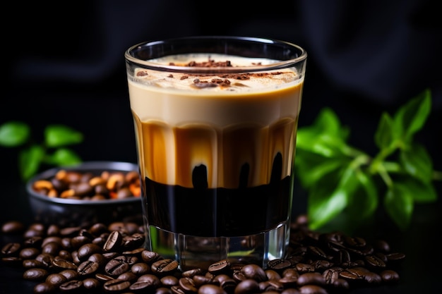 bebida de café em um copo em um fundo preto com grãos de café e folhas
