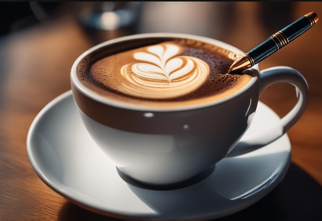 Bebida de café quente em uma xícara com fundo de café realista