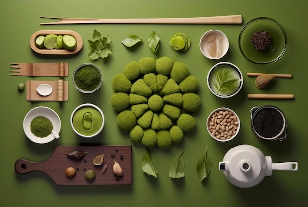 Bebida de chá matcha verde e acessórios em fundo verde Generative AI