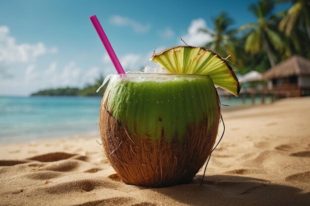 Foto bebida de coco com uma vibração de praia