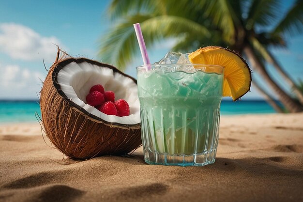 Foto bebida de coco com uma vibração de praia