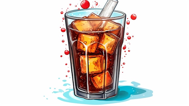 Foto bebida de cola gelada num copo de vidro pedaços de gelo
