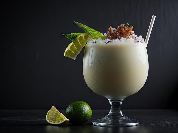 Bebida de coquetel de suco de coco tropical em fundo preto ai generative