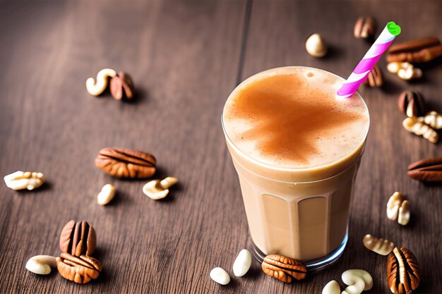 Foto bebida de frappe com caramelo colorido e nozes isoladas em madeira