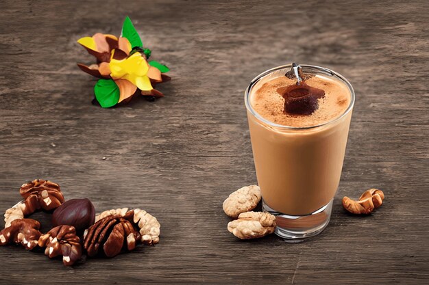 Foto bebida de frappe com caramelo colorido e nozes isoladas em madeira