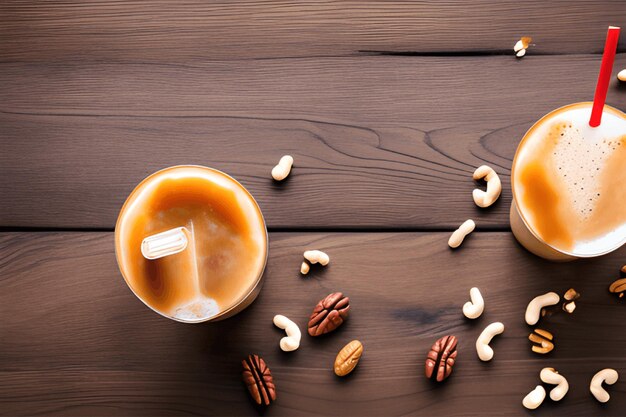 Foto bebida de frappe com caramelo colorido e nozes isoladas em madeira