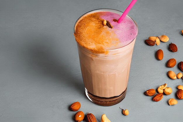 Foto bebida de frappe com caramelo colorido e nozes isoladas em madeira