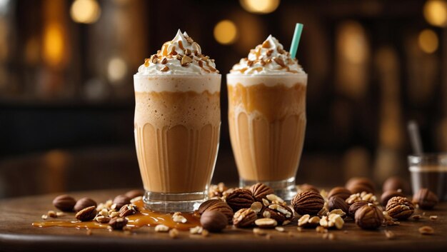 Foto bebida de frappe com caramelo e nozes