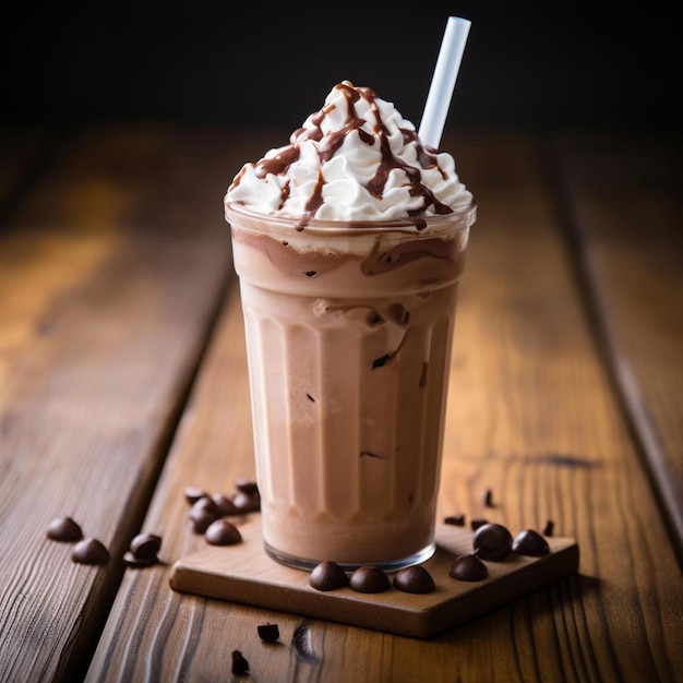 Foto bebida de milkshake de chocolate gelado em fundo de madeira