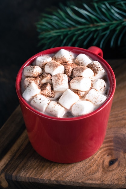 Bebida de Natal. Chocolate quente ou cacau, marshmallow e ramo de pinheiro. Natal, conceito de inverno. Fechar-se