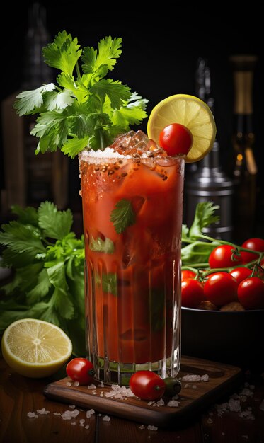 Foto bebida de tomate com gelo em um copo na mesa foco suave seletivo
