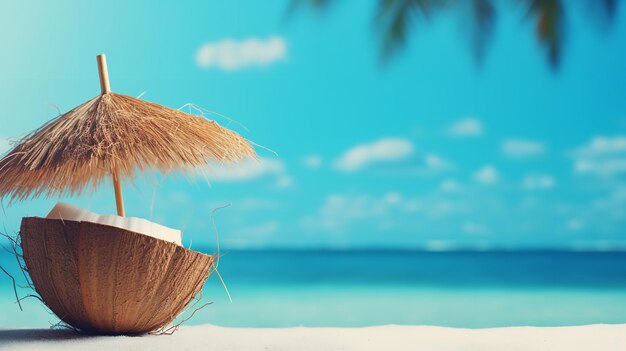 Bebida de verão de coco tropical sob uma capa de férias com um grande espaço de cópia Generative AI