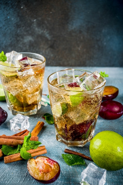 Bebida de verão gelado. Cocktail de limonada com canela e ameixa, com limão e hortelã