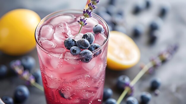 Foto bebida de verão refrescante com mirtilos, limão e lavanda num copo sobre um fundo escuro