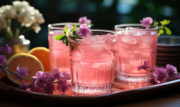 Foto bebida de verão rosa com limão na mesa foco suave seletivo