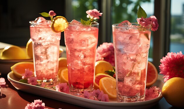 Foto bebida de verão rosa com limão na mesa foco suave seletivo