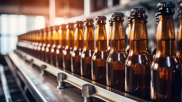 Bebida de vidro marrom bebida garrafas de álcool transporte de cervejaria progrediu linha de período AI gerada