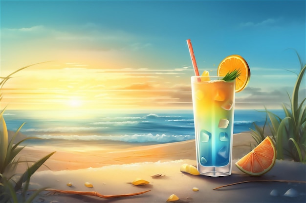 Bebida exótica de verano con un fondo de playa de arena borrosa sensación de paraíso tropical
