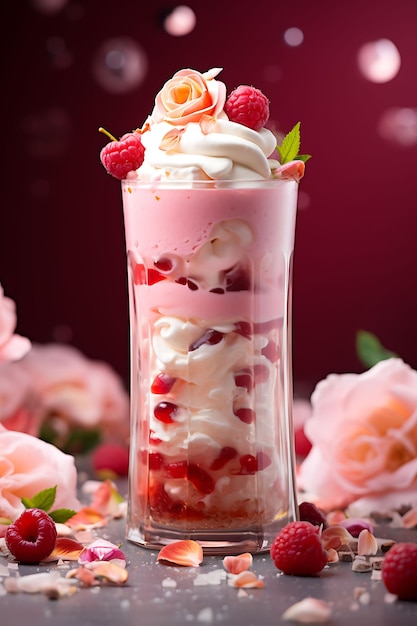 Bebida Falooda com xarope de rosa e macarrão rosa e delicado site de layout de cultura culinária da Índia