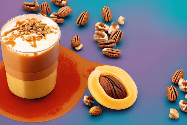 Bebida de Frappe con colorido caramelo y nueces aisladas en madera