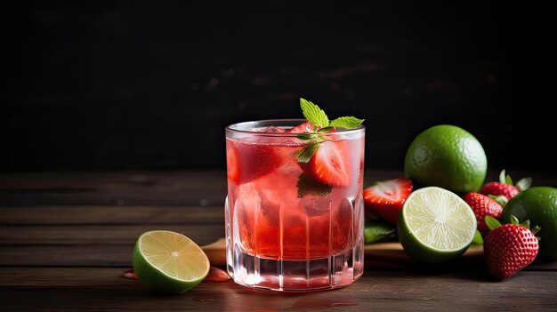 Bebida de fresa fresca en vaso con limón sobre mesa de madera ai generativo