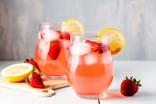 Bebida fresca de limonada de morango com rodelas de limão e gelo em copos de vidro na cozinha