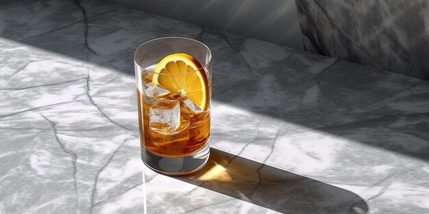 Foto bebida fresca y jugosa en vaso con sombra hace un patrón de moda en fondo de mármol gris