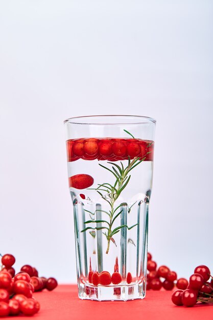 Bebida fresca y sabrosa, agua de desintoxicación con bayas de viburnum, romero