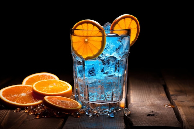 Bebida fría de color azul con una rebanada de naranja