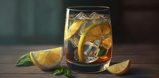 Bebida fria com limão servida num copo