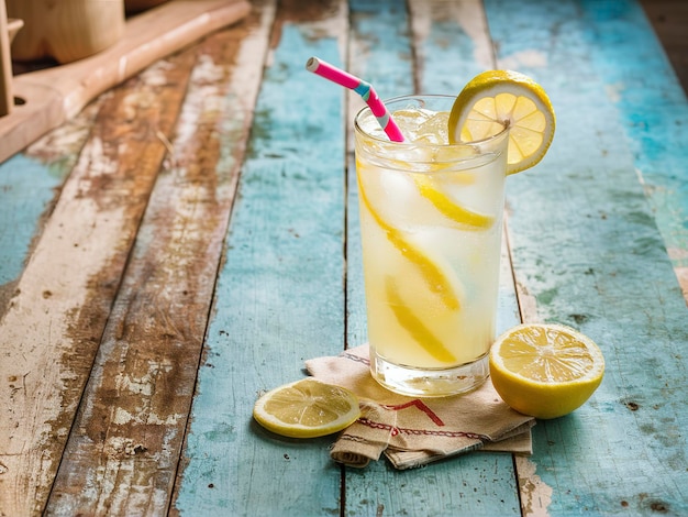 Bebida fria de limonada fresca em um fundo de madeira