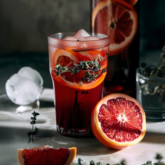 Bebida fria e refrescante de verão com laranjas vermelhas e tomilho