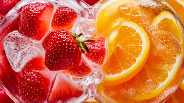 Bebida de frutas dulces soda de fresa y soda de naranja bebida fría vitaminas frutas bebidas sabrosas