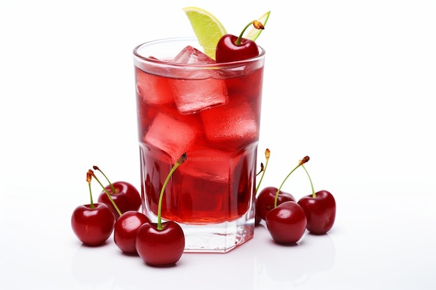 Foto bebida gaseosa de cereza roja en un vaso aislado sobre un fondo blanco desde el ápice