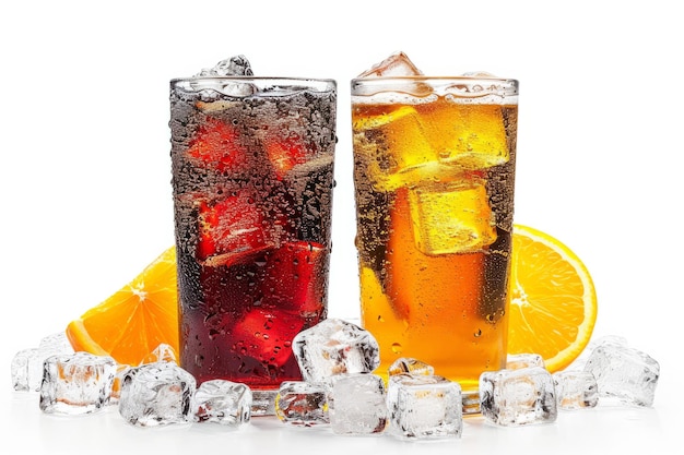 Foto bebida gaseosa de cola con limonada y refresco de naranja con cubitos de hielo y burbujas sobre fondo blanco.