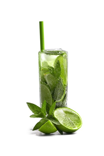 Foto bebida gelada de limão e menta com mojito gelado na superfície branca