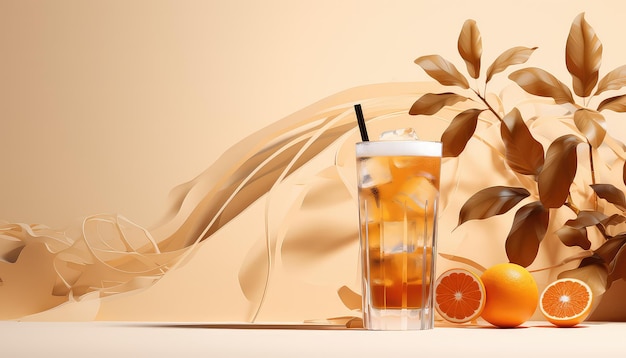 Bebida gelada Desertwave com cascas de laranja e folhas de Hurufiyya em bege fosco
