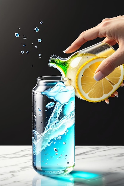 Foto bebida helada de jugo de limón en un vaso de vidrio que anuncia salpicaduras de gotas de agua, papel tapiz de diseño de efectos especiales