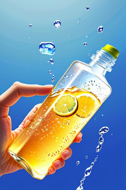 Bebida helada de jugo de limón en un vaso de vidrio que anuncia salpicaduras de gotas de agua, papel tapiz de diseño de efectos especiales