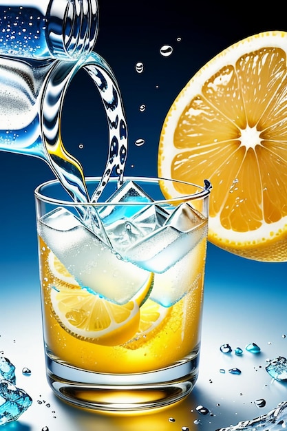 Bebida helada de jugo de limón en un vaso de vidrio que anuncia salpicaduras de gotas de agua, papel tapiz de diseño de efectos especiales