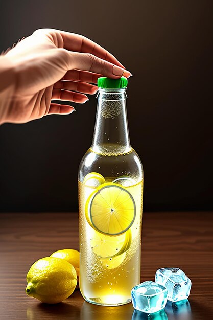 Foto bebida helada de jugo de limón en un vaso de vidrio que anuncia salpicaduras de gotas de agua, papel tapiz de diseño de efectos especiales