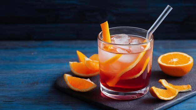 Foto bebida con hielo y cáscara de naranja