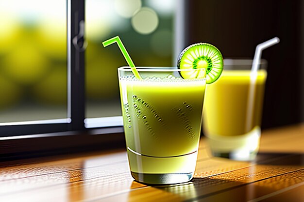 Bebida de jugo de kiwi de fruta verde sobre la mesa