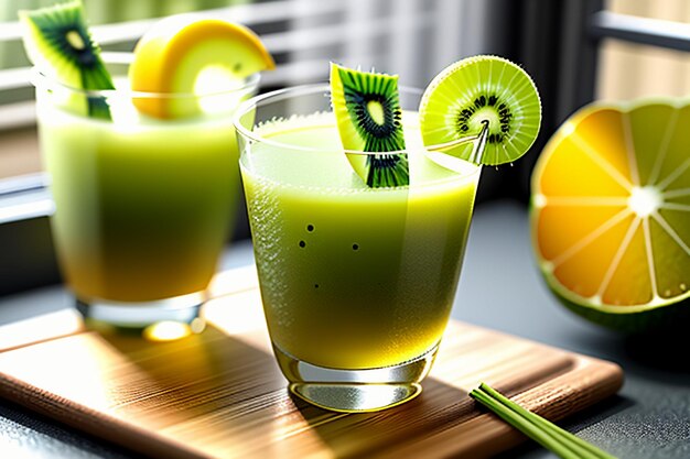 Bebida de jugo de kiwi de fruta verde sobre la mesa