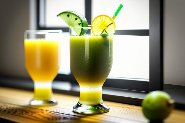 Bebida de jugo de kiwi de fruta verde sobre la mesa