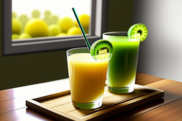 Bebida de jugo de kiwi de fruta verde sobre la mesa