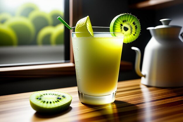 Bebida de jugo de kiwi de fruta verde sobre la mesa